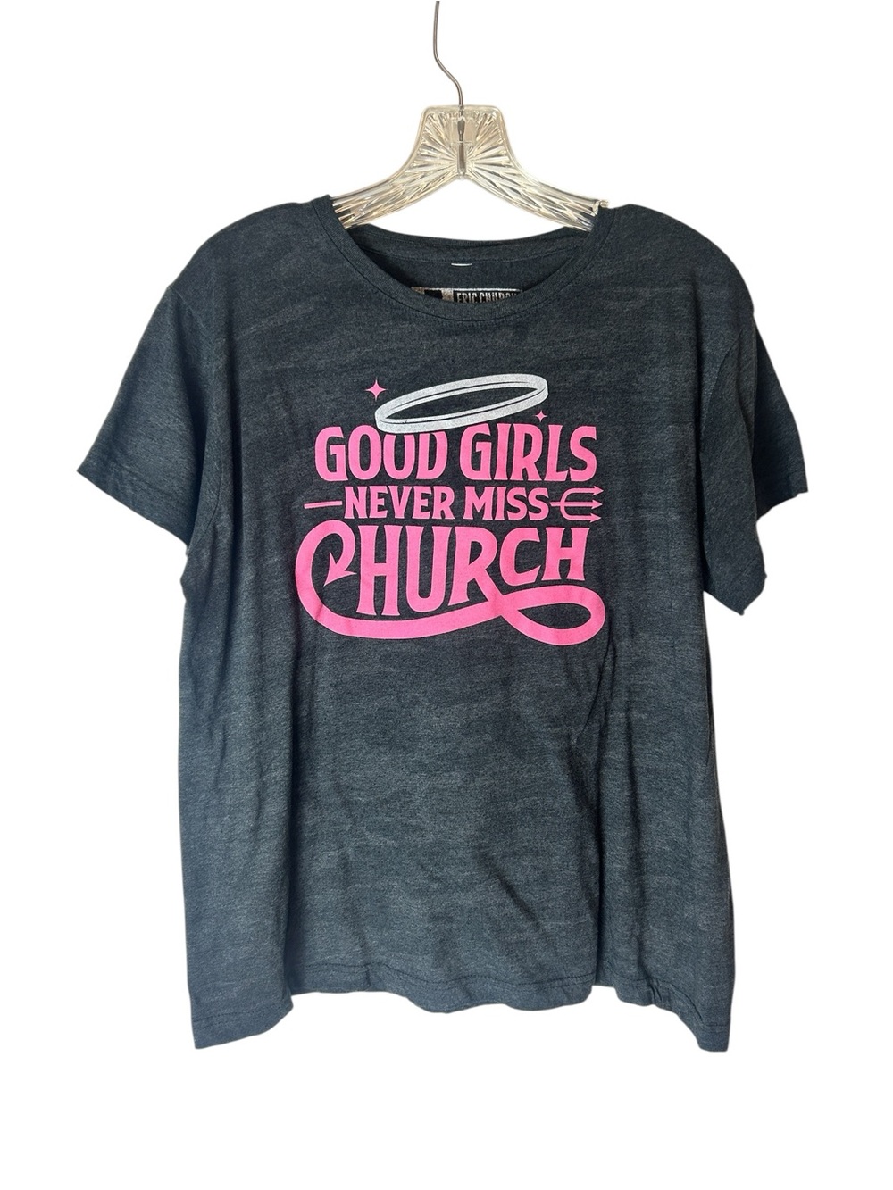 Eric Church Good Girls Never Miss Church XL Country Tee Pink Angel Wings Back